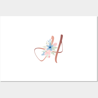 Letter H Rose Gold and Watercolor Blush Pink and Navy Posters and Art